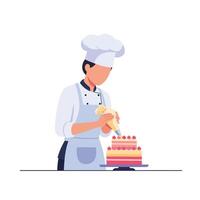 A focused pastry chef in a white uniform decorating a multi-layered cake with colorful icing in a flat illustration vector