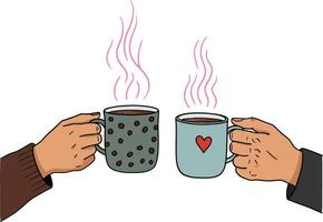 Two hands holding steaming mugs of coffee in a cozy setting, featuring flat illustration style, conveying warmth and connection through art vector