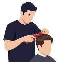 A barber skillfully cutting hair with a comb and clippers in a minimal, flat design illustration vector