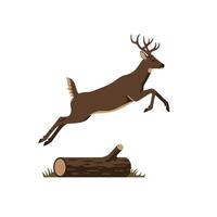 A brown deer gracefully leaping over a fallen log in a flat, minimal illustration capturing the essence of natures agility and freedom vector