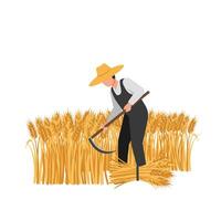 A farmer harvesting golden wheat with a scythe in a sunny field, showcasing flat design art vector