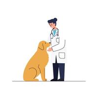 A veterinarian in a white coat gently interacting with a friendly golden retriever dog in a minimal flat design art vector