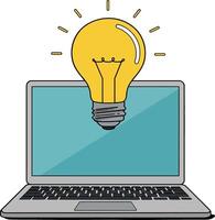Laptop with glowing light bulb above screen in flat design style representing innovation and creativity in digital workspace art vector