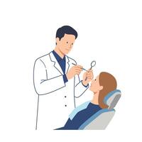 Dentist examining a patient in a modern clinic with minimal design, showcasing care and professionalism in illustration vector