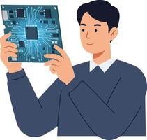 Enthusiastic young man examining a detailed circuit board design in a flat illustration showcasing technology and innovation vector