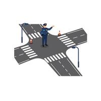 A traffic police officer directing vehicles at a busy intersection in a flat design illustration vector