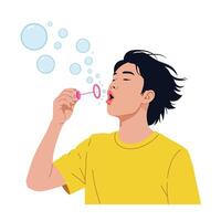 Young person blowing bubbles in a playful manner, wearing a bright yellow shirt, minimal and cheerful illustration vector