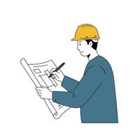 Construction worker analyzing blueprints while wearing a hard hat in a flat, minimal style illustration vector