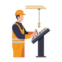 Construction worker operating a crane control panel in a flat illustration showcasing safety gear and machinery in an industrial setting vector