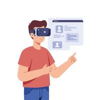 A young man engaging with virtual reality technology in a flat design style, showcasing excitement and interaction through art vector