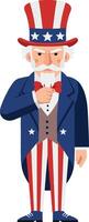 Patriotic character wearing a tall red, white, and blue hat and suit in a flat illustration style, embodying a confident and determined expression in a celebratory pose art vector