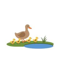 A mother duck leading her four fluffy ducklings near a serene pond in a flat, colorful illustration vector