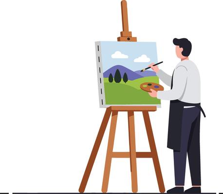 Artist painting a vibrant landscape scene on an easel with a brush in hand, flat illustration