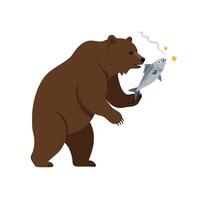 A large brown bear catching a fish in its mouth, depicted in a minimal flat design style, showcasing wildlife in action through illustration vector