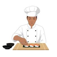 A skilled sushi chef carefully plating fresh sushi rolls on a bamboo mat in a flat illustration showcasing culinary art and precision in a vibrant kitchen setting vector
