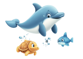 Playful blue dolphin swimming with colorful fish and sea creatures isolated on a transparent background png