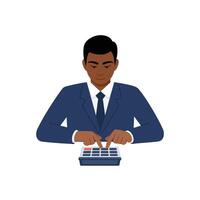 Business professional in a navy suit focused on calculating financial data using a calculator in flat art vector