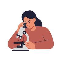 A woman examining a specimen through a microscope in a modern, flat design style showcasing curiosity and focus in illustration vector
