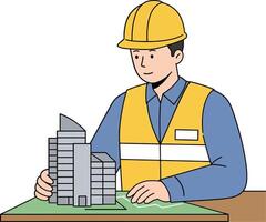 Construction worker in safety gear examining a miniature building model with a detailed flat illustration showcasing creativity and precision in architecture design art vector