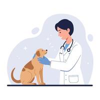 A veterinarian in a white coat gently interacting with a happy dog in a minimal flat illustration vector