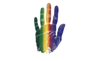 Multicolored painted handprint with abstract color blending isolated on a transparent background png