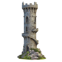 Medieval stone watchtower with weathered bricks and a rocky base isolated on a transparent background png