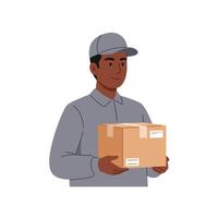 Delivery person in grey uniform smiling while holding a cardboard box in a minimal and friendly style art vector