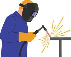 Skilled welder in protective gear working diligently on metal with sparks flying, showcasing a flat design style in vibrant colors, art vector
