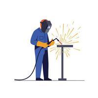 Skilled welder in protective gear using a welding torch to fuse metal parts in a dynamic flat illustration vector