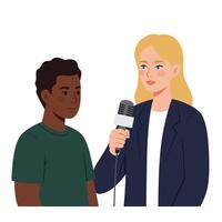 A young woman interviewing a boy with a microphone in a minimal, flat design style illustration vector