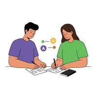 Two diverse individuals collaborating on a project, surrounded by tools and notes in a flat and minimal illustration vector