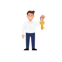 Happy man holding a large golden key in a minimal flat design style, representing home ownership and success in art vector