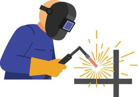 Skilled welder in protective gear creating sparks during a metal welding process in a flat art style vector