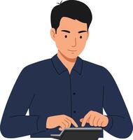 A focused young man in a navy shirt using a tablet with a minimalistic design style in a calm and modern setting, illustration vector