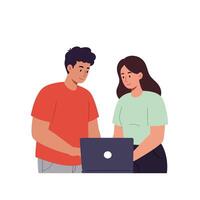 Two young adults collaborating on a laptop with focused expressions in a flat design illustration vector