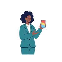 Confident businesswoman in teal suit presenting a smartphone displaying colorful app interface in a flat illustration vector