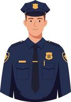 Confident police officer in uniform with a navy blue shirt and cap, minimal design style, smiling expression, illustration vector