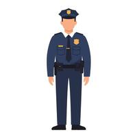A police officer standing confidently in a blue uniform with a hat and badge, depicted in a minimal illustration style vector