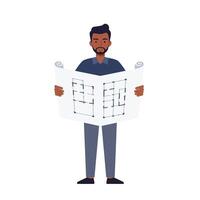 A man holding blueprints while wearing casual attire in a flat style art depicting an architectural planning scene with a focused expression and professional demeanor. vector