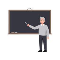 Elderly male teacher with glasses pointing at a blackboard in a flat illustration showing a classroom setting and focused teaching atmosphere vector