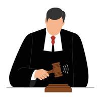 Judge in formal attire using a gavel to emphasize authority in a flat illustration vector