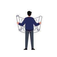 A man holding architectural blueprints while standing confidently in a minimalistic office, showcasing his focus and determination, art vector
