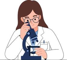 Female scientist in a lab coat examining a slide under a microscope in a flat illustration vector