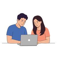 Two young adults collaborating on a laptop in a minimal style illustration showcasing teamwork and focus in a lighthearted atmosphere vector