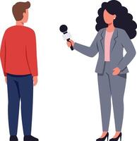 A woman in a grey suit interviewing a man in a red sweater in a professional setting, flat illustration vector