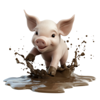 Playful 3D Cartoon Piglet Splattering Mud with Hooves Isolated on Transparent Background png