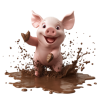 Joyful 3D Cartoon Piglet Playing in Messy Mud Puddle Isolated on Transparent Background png