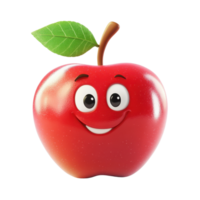 Happy 3D Cartoon Apple with Glossy Red Surface and Leaf Isolated on Transparent Background png