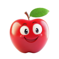 Smiling 3D Cartoon Apple with Shiny Red Skin and Green Leaf Isolated on Transparent Background png