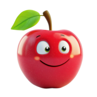 Joyful 3D Cartoon Apple with Shiny Red Peel and Leaf Isolated on Transparent Background png